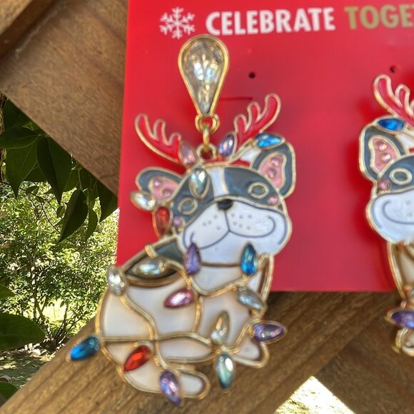 Celebrate Together Frenchie Holiday Lights Earrings Gold Tone - Picture 3 of 5